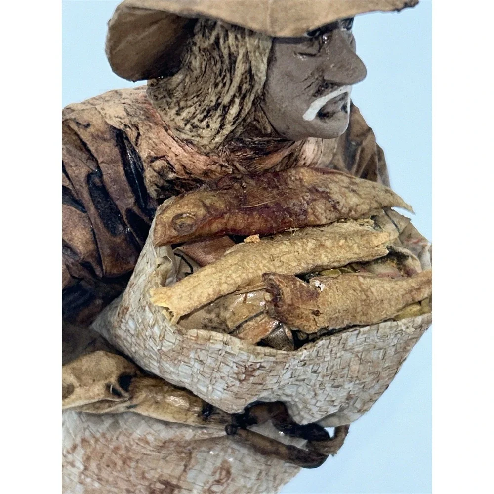 Vintage Authentic Mexican Paper Mache Man Folk Art Figurine With Bag Of Fish
